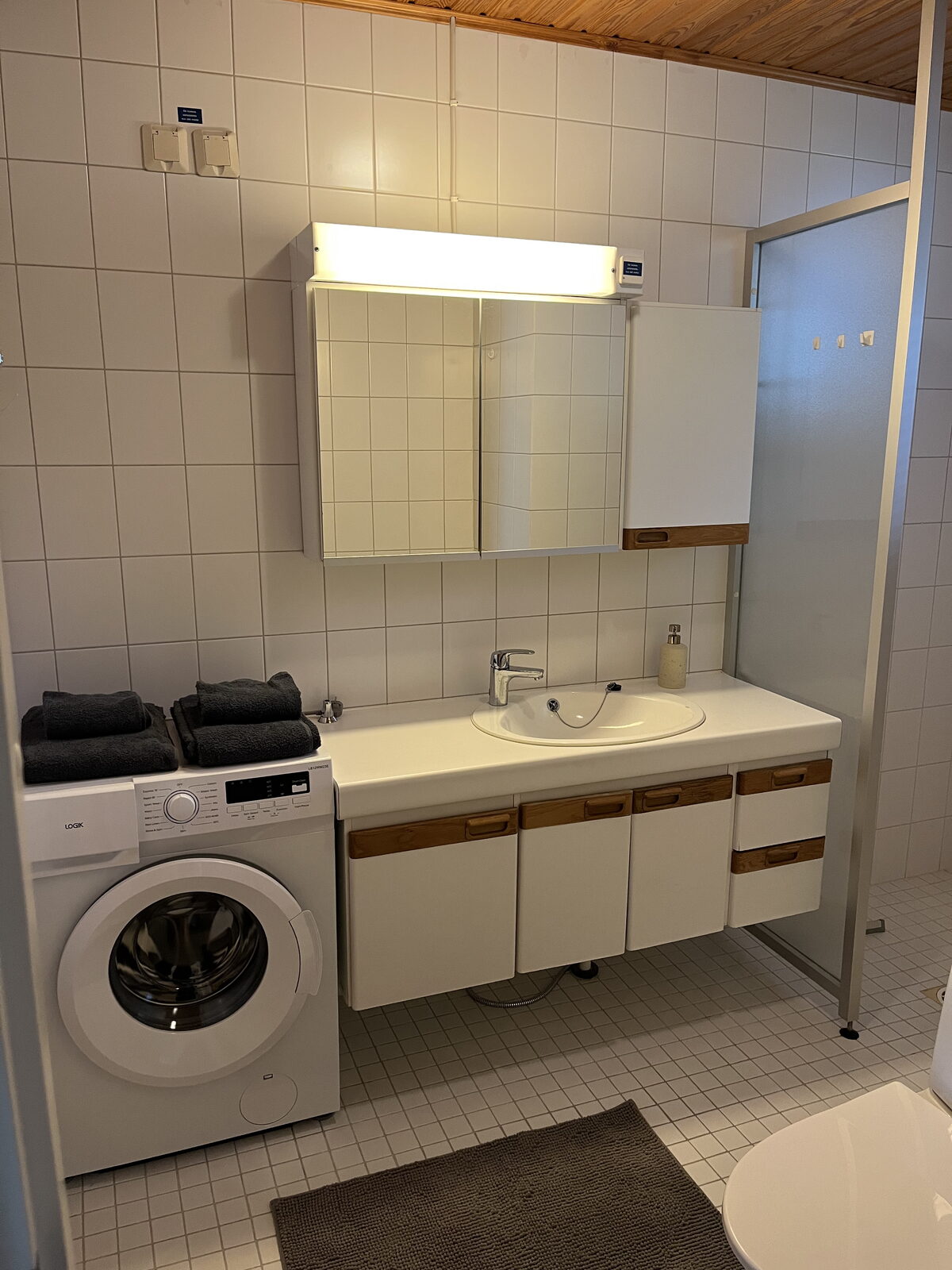 Badrum med dusch och tvättmaskin