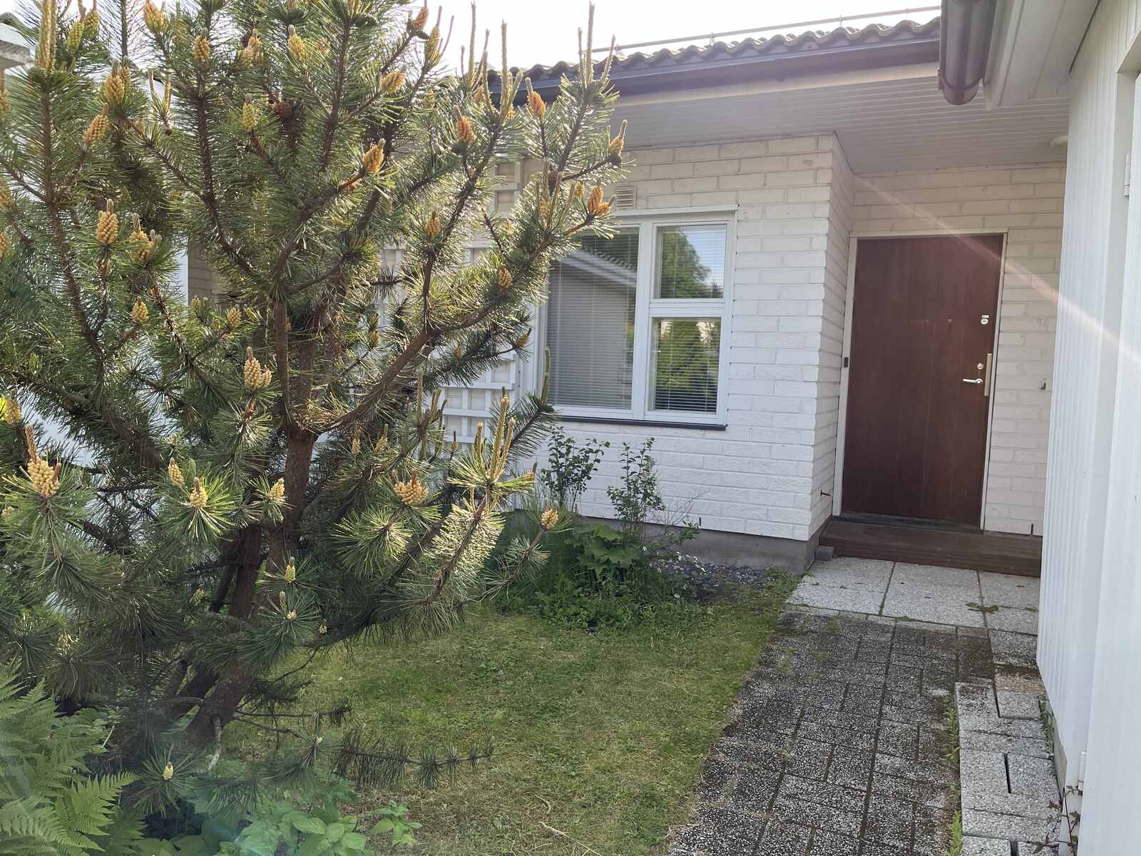 Husets entré med trädgårdsutsikt